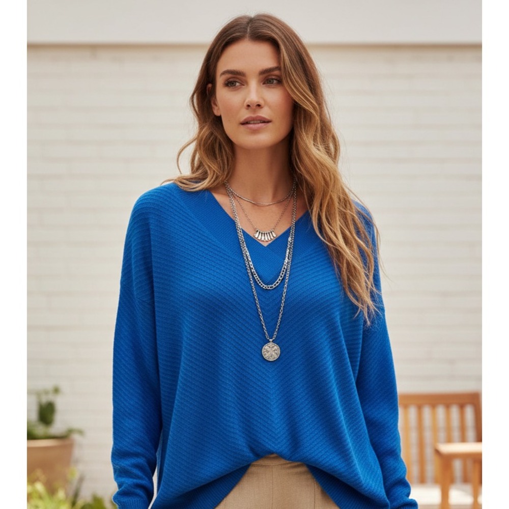 Apt 9 Sweater PM Blue Ribbed V Neck Casual Coastal Comfy Minimalist Preppy